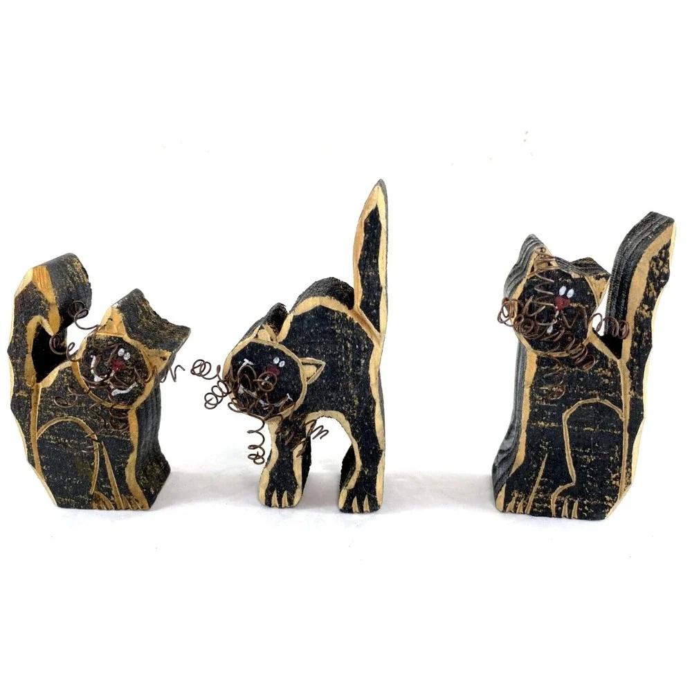 3 Vintage Wood Cats Hand Carved Whiskers Figurines Halloween